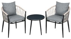 Outsunny Salon de jardin 2 persone 3 pezzi 2 poltrone con cuscini tavolino rotondo piano in vetro temperato corda intrecciata grigio