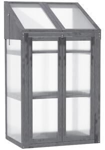 Outsunny Mini Serra, piccola serra con struttura in legno, finestra e doppia porta, 3 ripiani, 70L x 50P x 120H cm, Grigio