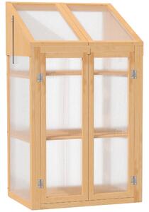 Outsunny Mini Serra, piccola serra con telaio in legno, finestra e doppia porta, 3 ripiani, 70L x 50P x 120A cm, Marrone