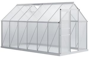 Outsunny Serra da Giardino in Policarbonato 7,1 m² dim. 1,9L x 3,75l x 1,99 m con Fondazione, Abbaino regolabile, Porta scorrevole - Argento e Trasparente