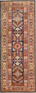 Tappeto Kazak Fine Stilizzato Blu Notte Rosso Mattone Corsia 77x200 Cm