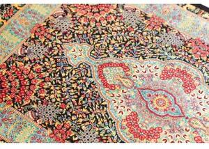 Tappeto Ghom Seta Medaglione Floreale Nero Rosso Carminio 61x91 Cm