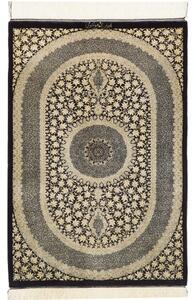 Tappeto Ghom Seta Medaglione Floreale Nero Avorio 61x91 Cm
