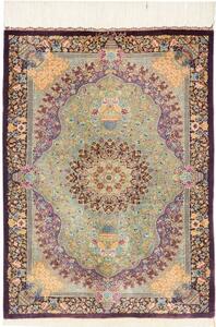 Tappeto Ghom Seta Medaglione Floreale Viola Verde Salvia 60x84 Cm