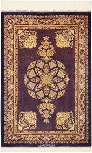 Tappeto Ghom Seta Medaglione Floreale Blu Scuro Beige 61x90 Cm
