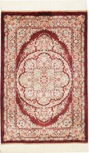 Tappeto Ghom Seta Medaglione Floreale Rosso Bordeaux Beige 61x91 Cm