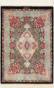 Tappeto Ghom Seta Medaglione Floreale Nero Azzurro 63x93 Cm