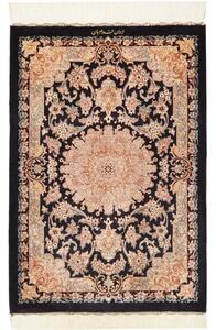 Tappeto Ghom Seta Medaglione Floreale Nero Avorio 62x90 Cm