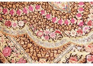 Tappeto Ghom Seta Medaglione Floreale Marrone Scuro Avorio 79x121 Cm