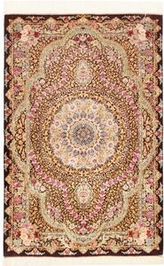 Tappeto Ghom Seta Medaglione Floreale Marrone Scuro Avorio 79x121 Cm
