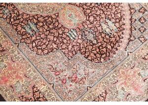 Tappeto Ghom Seta Medaglione Floreale Marrone Scuro Beige 80x122 Cm