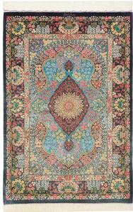 Tappeto Ghom Seta Medaglione Floreale Blu Scuro Celeste 78x117 Cm