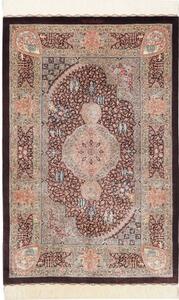 Tappeto Ghom Seta Medaglione Floreale Marrone Scuro Beige 80x122 Cm