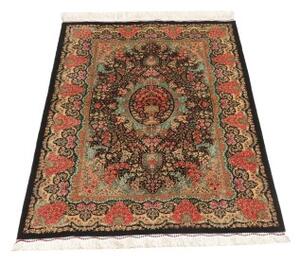 Tappeto Ghom Seta Medaglione Floreale Nero Rosso Corallo 80x120 Cm