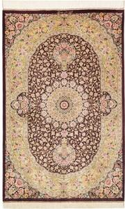 Tappeto Ghom Seta Medaglione Floreale Borgogna Beige 79x124 Cm