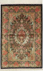 Tappeto Ghom Seta Medaglione Floreale Nero Rosso Corallo 80x120 Cm