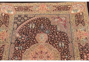 Tappeto Ghom Seta Medaglione Floreale Marrone Scuro Beige 80x122 Cm
