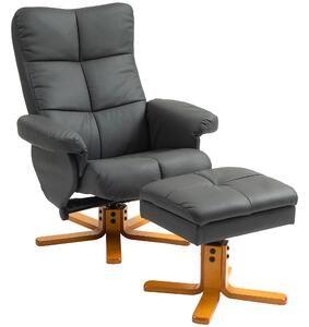 HOMCOM Poltrona relax con pouf, Schienale inclinabile fino a 145°, Girevole a 360°, Similpelle, Grigio scuro