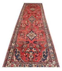 Tappeto Hamadan Stilizzato Rosso Mattone Blu Scuro Corsia 110x418 Cm
