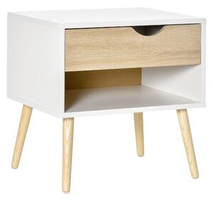 HOMCOM Comodino, tavolino da notte, con cassetto, design moderno, gambe in legno massiccio, 50 x 39 x 51 cm, bianco e legno naturale