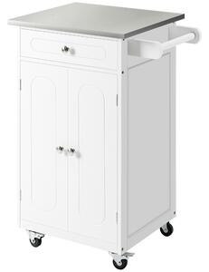 HOMCOM Carrello da servizio per cucina con ruote multi-stoccaggio, 1 cassetto, armadio doppia porta con ripiano, porta strofinacci, MDF bianco e acciaio inox