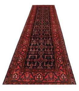 Tappeto Hamadan Stilizzato Blu Scuro Rosso Corallo Corsia 110x443 Cm