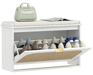 HOMCOM Panca Scarpiera con Seduta Imbottita da Ingresso, Design a Ribalta, in Rattan, 180x26x47,5 cm, Bianco | Aosom Italy