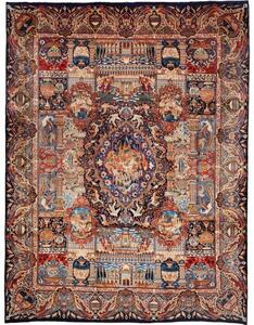 Tappeto Kashamr Zirkhaki Figurativo Blu Scuro Rosso Mattone 294x385 Cm