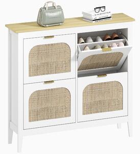 HOMCOM Mobile Scarpiera per 20 Paia di Scarpe con 4 Cassetti Ribaltabili in Legno e Rattan, 105x24x95,5 cm, Bianco | Aosom Italy