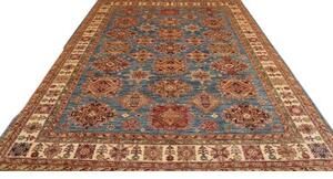 Tappeto Kazak Fine Geometrico Blu Rosso Mattone 246x303 Cm