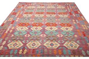 Tappeto Kilim Geometrico Rosso Malva Azzurro 247x293 Cm