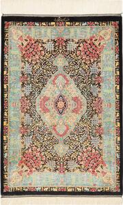 Tappeto Ghom Seta Medaglione Floreale Nero Turchese 60x91 Cm
