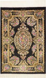 Tappeto Ghom Seta Medaglione Floreale Nero Oro 61x90 Cm