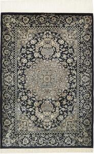 Tappeto Ghom Seta Medaglione Floreale Nero Avorio 58x88 Cm