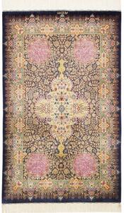 Tappeto Ghom Seta Medaglione Floreale Blu Scuro Beige 78x128 Cm