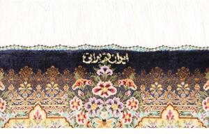 Tappeto Ghom Seta Medaglione Floreale Blu Scuro Beige 78x128 Cm