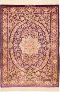 Tappeto Ghom Seta Medaglione Floreale Porpora Beige 80x117 Cm