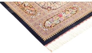 Tappeto Ghom Seta Medaglione Floreale Blu Notte Beige 101x155 Cm