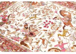 Tappeto Ghom Seta Figurativo Avorio Rosso Bordeaux 100x153 Cm