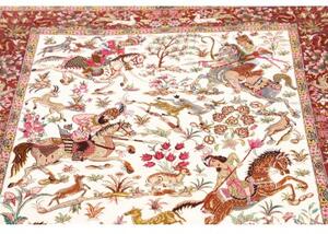 Tappeto Ghom Seta Figurativo Avorio Rosso Bordeaux 100x153 Cm