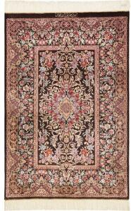 Tappeto Ghom Seta Medaglione Floreale Marrone Scuro Rosso Bordeaux 80x120 Cm