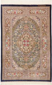 Tappeto Ghom Seta Medaglione Floreale Blu Notte Beige 101x155 Cm