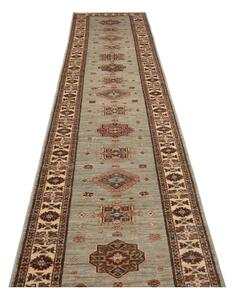 Tappeto Kazak Fine Geometrico Grigio Rosso Mattone Corsia 82x576 Cm