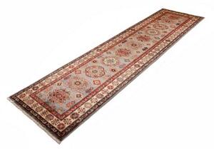 Tappeto Kazak Fine Geometrico Grigio Rosso Corsia 82x313 Cm