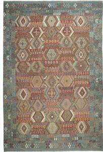 Tappeto Kilim Geometrico Verde Petrolio Rosso Terracotta 402x596 Cm