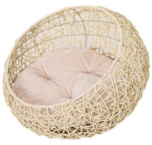 PawHut Cuccia Cesta per Gatti in Rattan con Cuscino in Lino e Cotone Beige Diametro 56 x 35 cm|Aosom