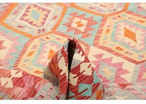 Tappeto Kilim Stilizzato Rosso Corallo Celeste 169x253 Cm