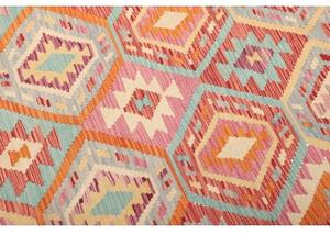 Tappeto Kilim Stilizzato Rosso Corallo Celeste 169x253 Cm