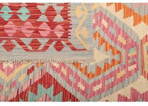 Tappeto Kilim Stilizzato Rosso Corallo Celeste 169x253 Cm