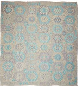 Tappeto Kilim Geometrico Grigio Tortora Turchese 262x290 Cm
